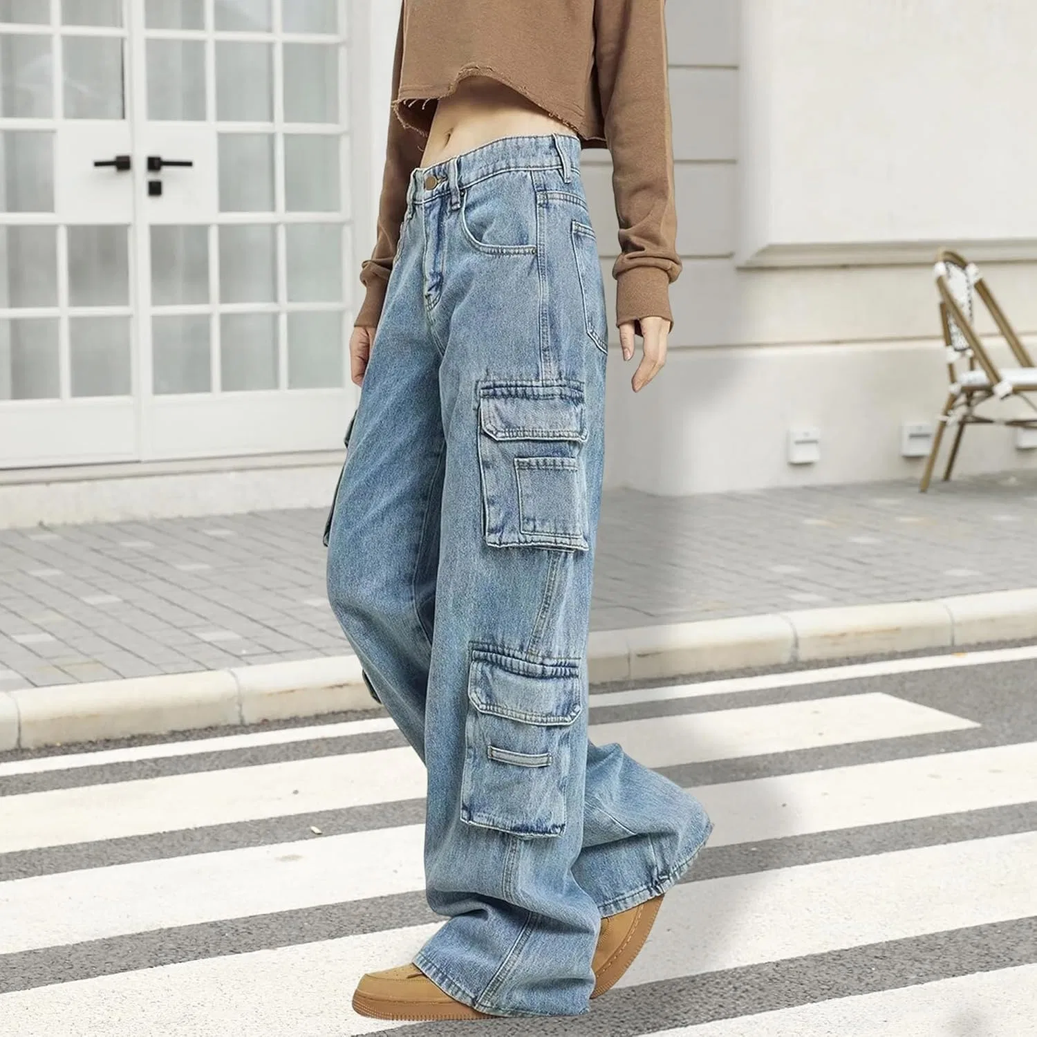 Джинсы свободные, Women Low Rise Cargo Jeans, синие — фото 3