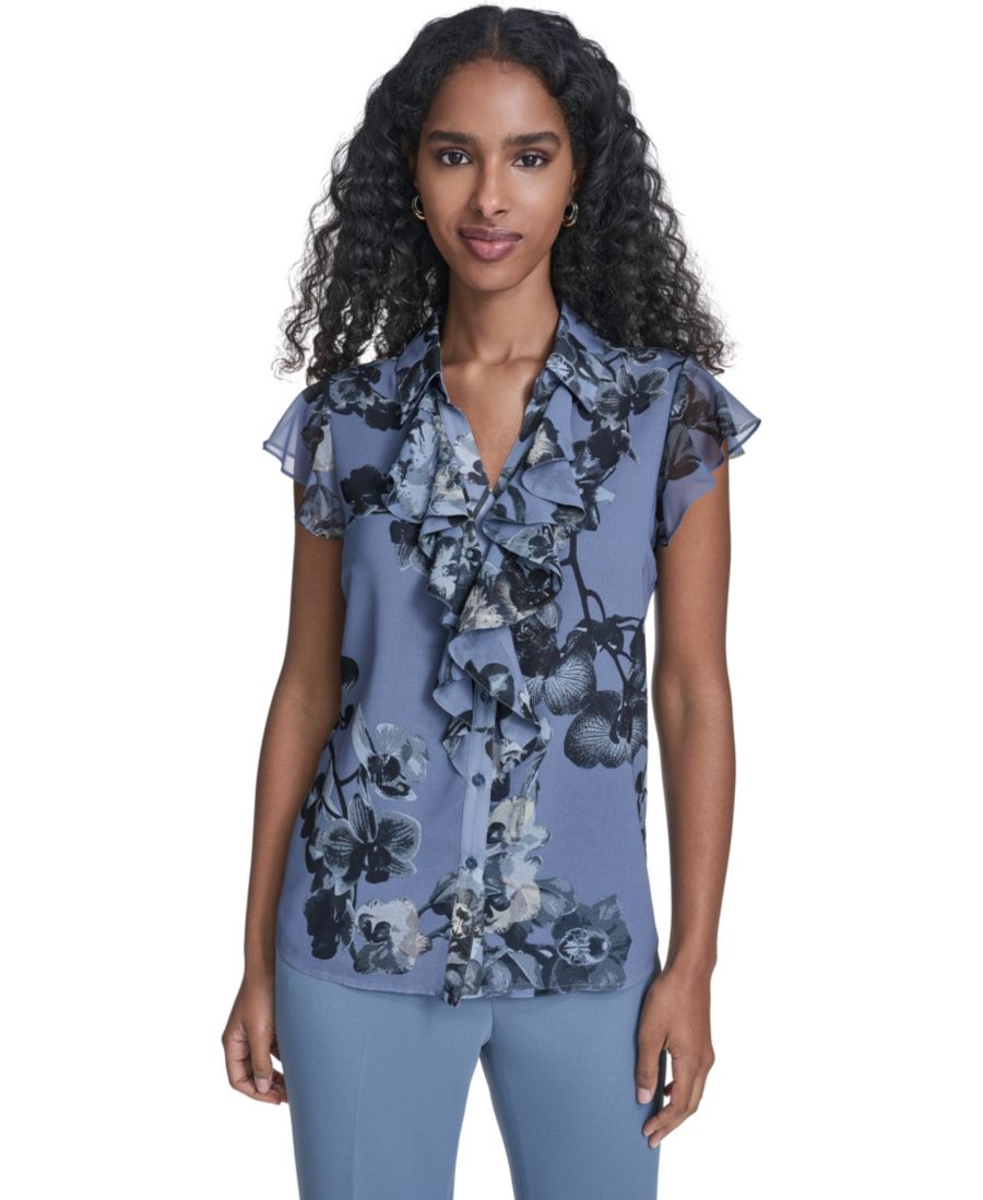 

Женская блузка с принтом и оборками спереди Calvin Klein, Flint/black Multi