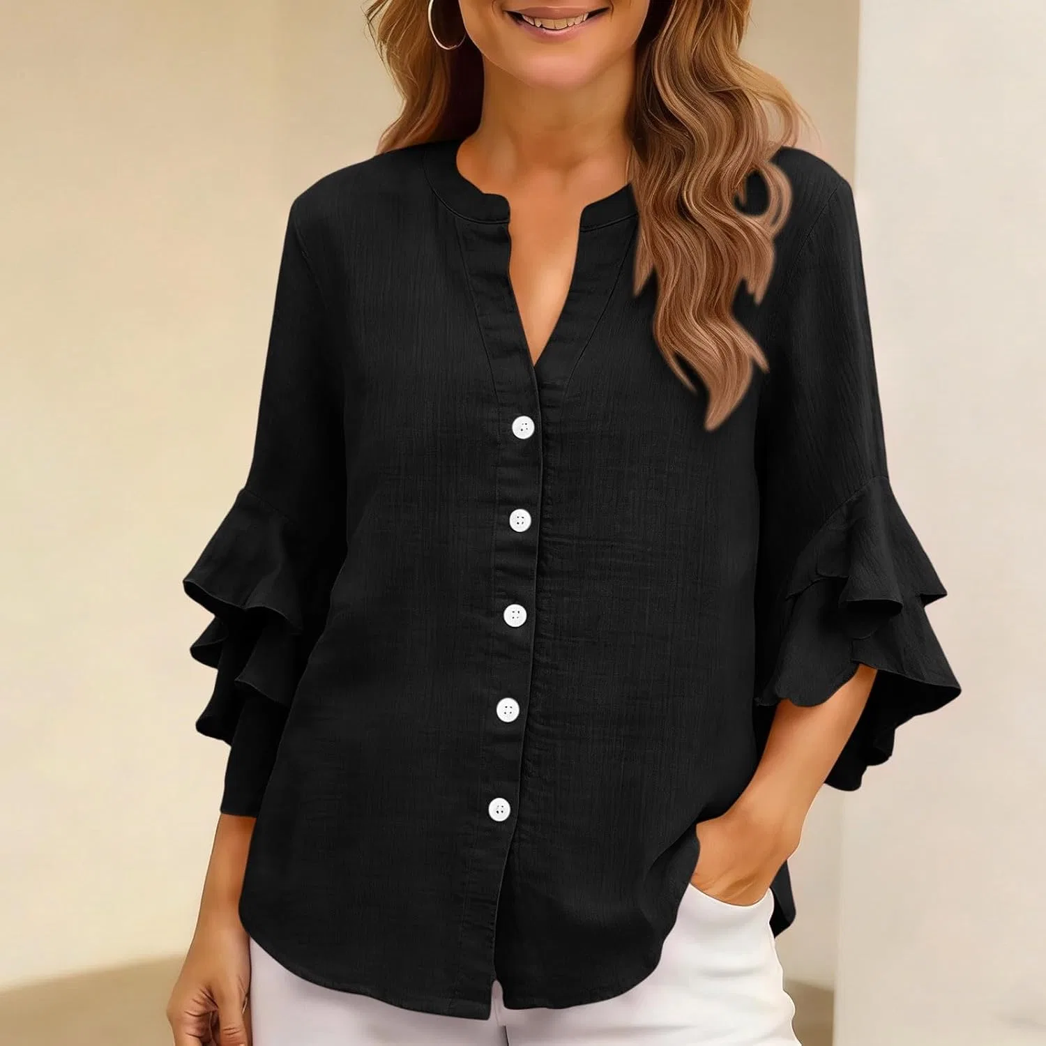 Блуза, V-образный вырез, Button-down, Oversize, черный — фото 3