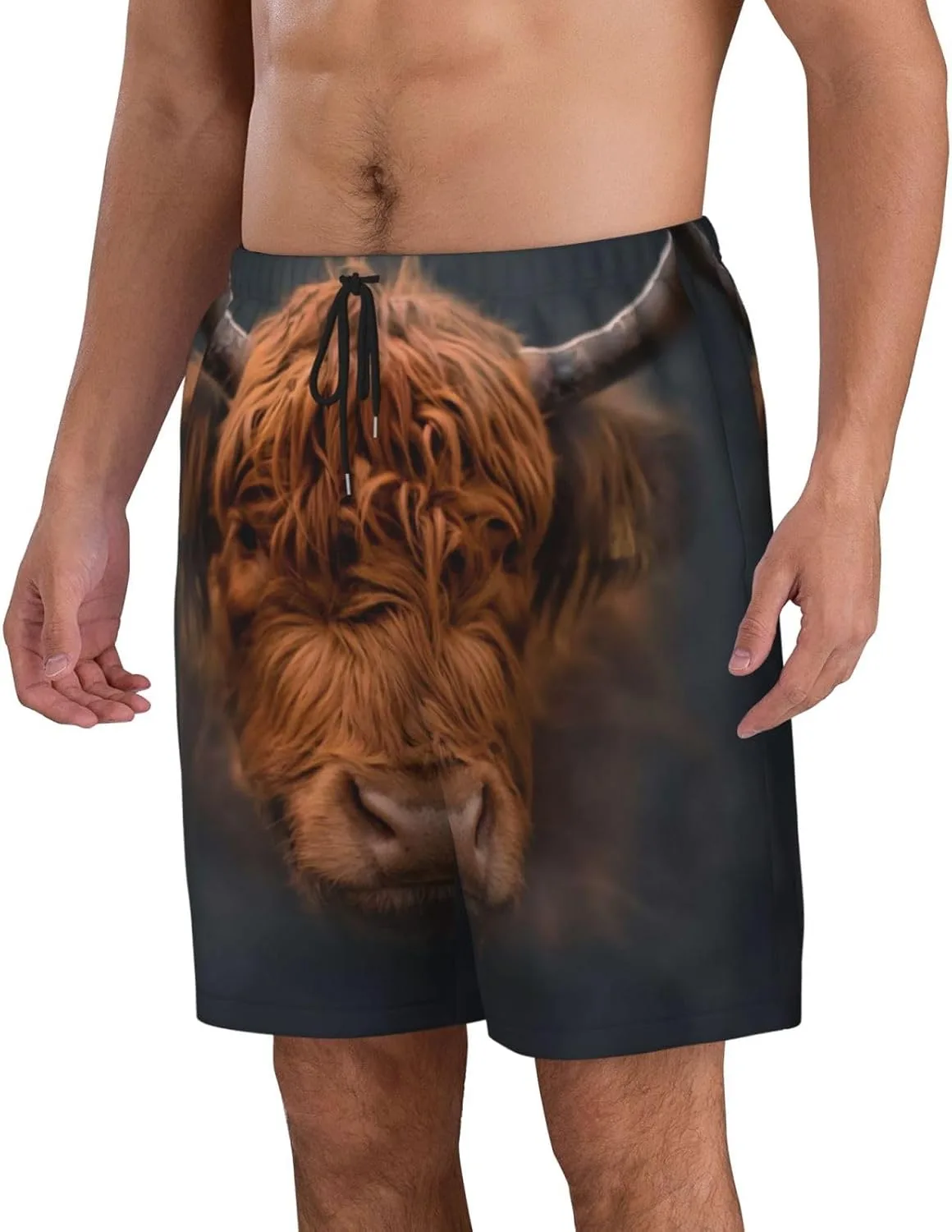Мужские пляжные шорты Highland Cow, мужские плавки, пляжные шорты с карманами, купальники Generic, черный — фото 2