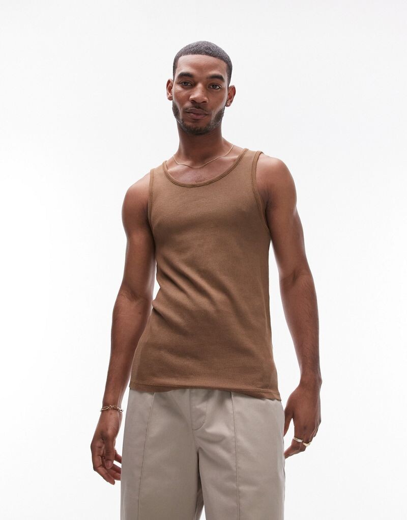 

Коричневая футболка без рукавов в рубчик Topman