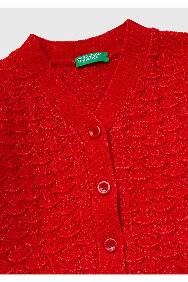 Детский красный кардиган с V-образным вырезом и вышивкой United Colors Of Benetton — фото 3