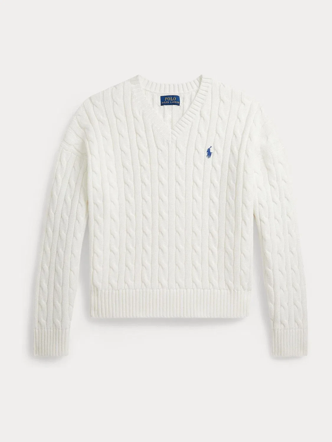 Джемпер с V-образным вырезом, кабельный трикотаж Polo Ralph Lauren, белый — фото 4