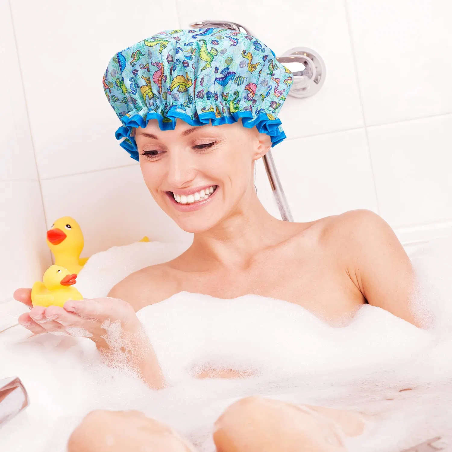 Шапочка для душа с морским коньком Bodylife, 27 см, Blue, Yellow, Pink — фото 4