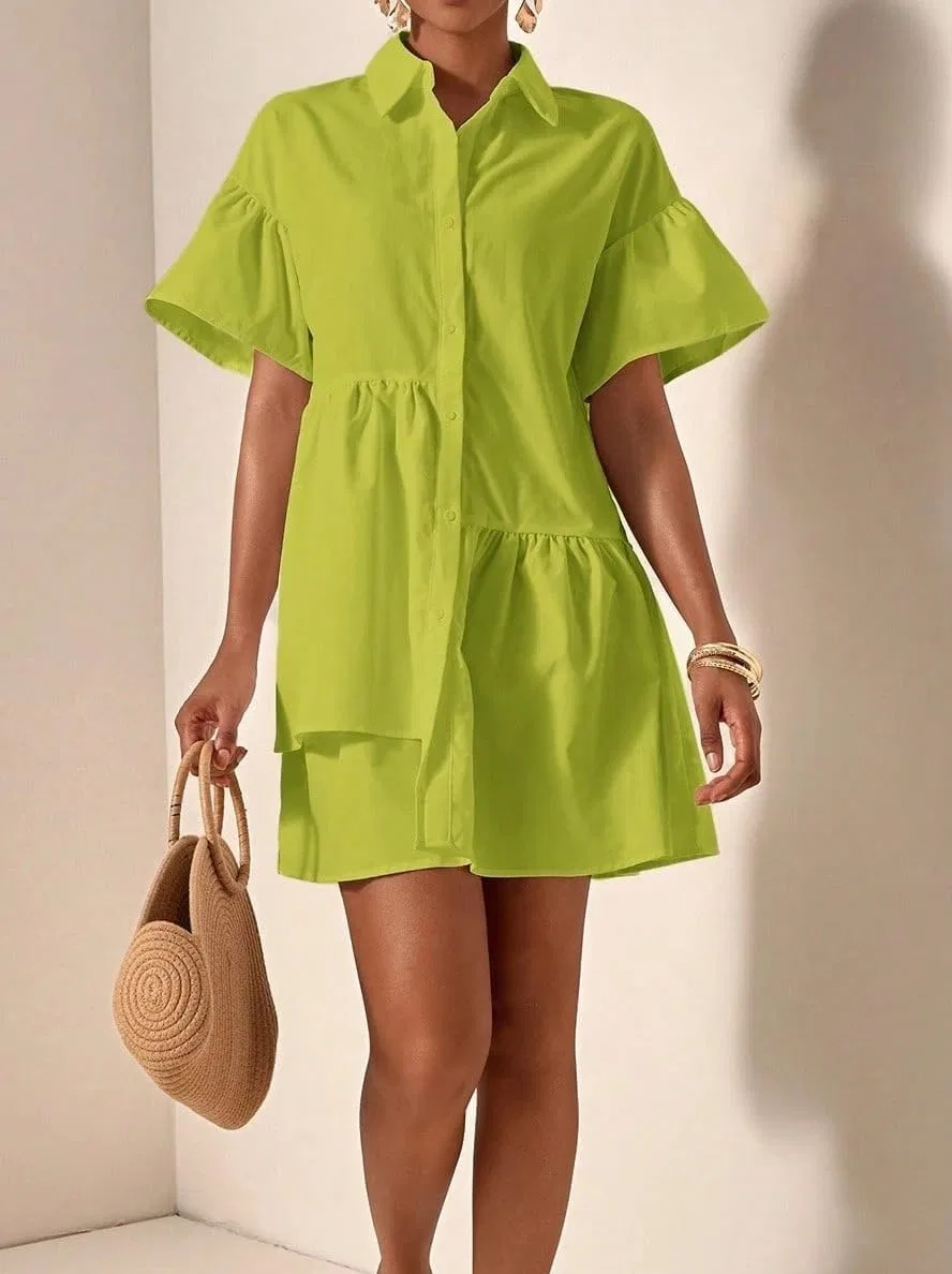 Женское повседневное платье свободного кроя с оборками, Olive Green — фото 2