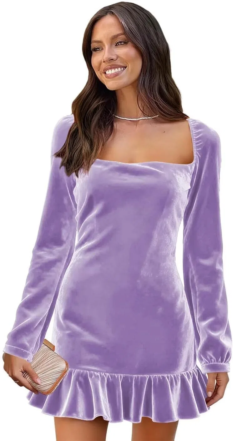 Женское бархатное платье A-силуэта с длинным рукавом, Lilac