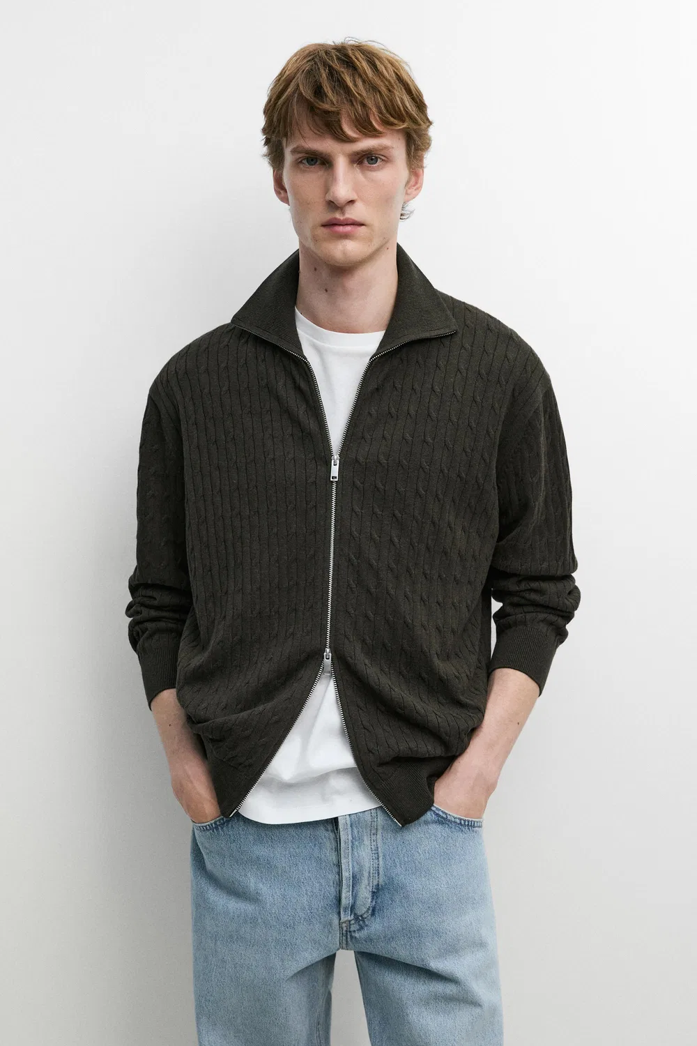 Кардиган Massimo Dutti 100% Cotton Braided Knit, темно-зеленый