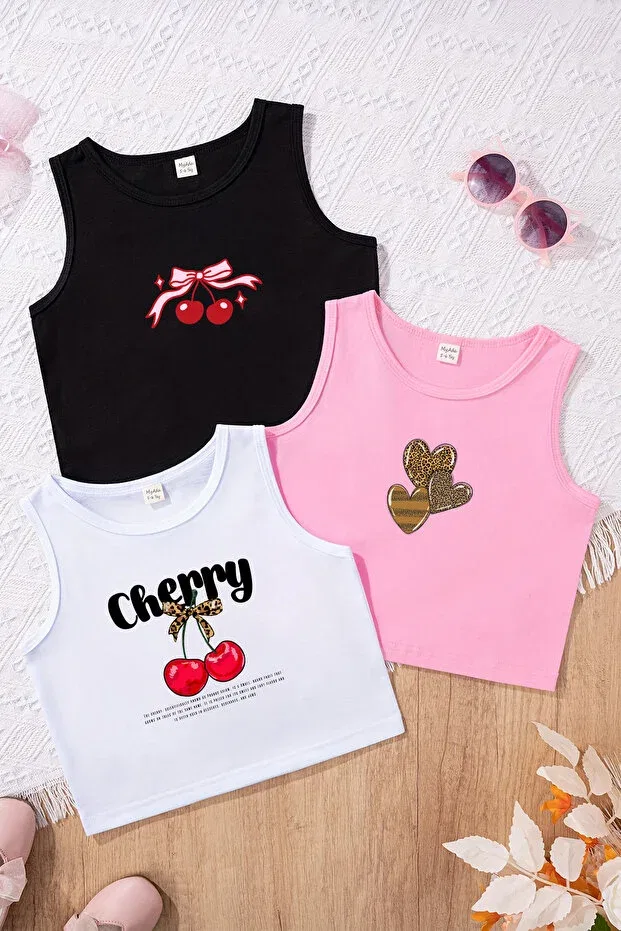 Детский комплект топов-кроп с принтом для девочек Cherry Leopard Themed Tarz Stil, Black Pink White