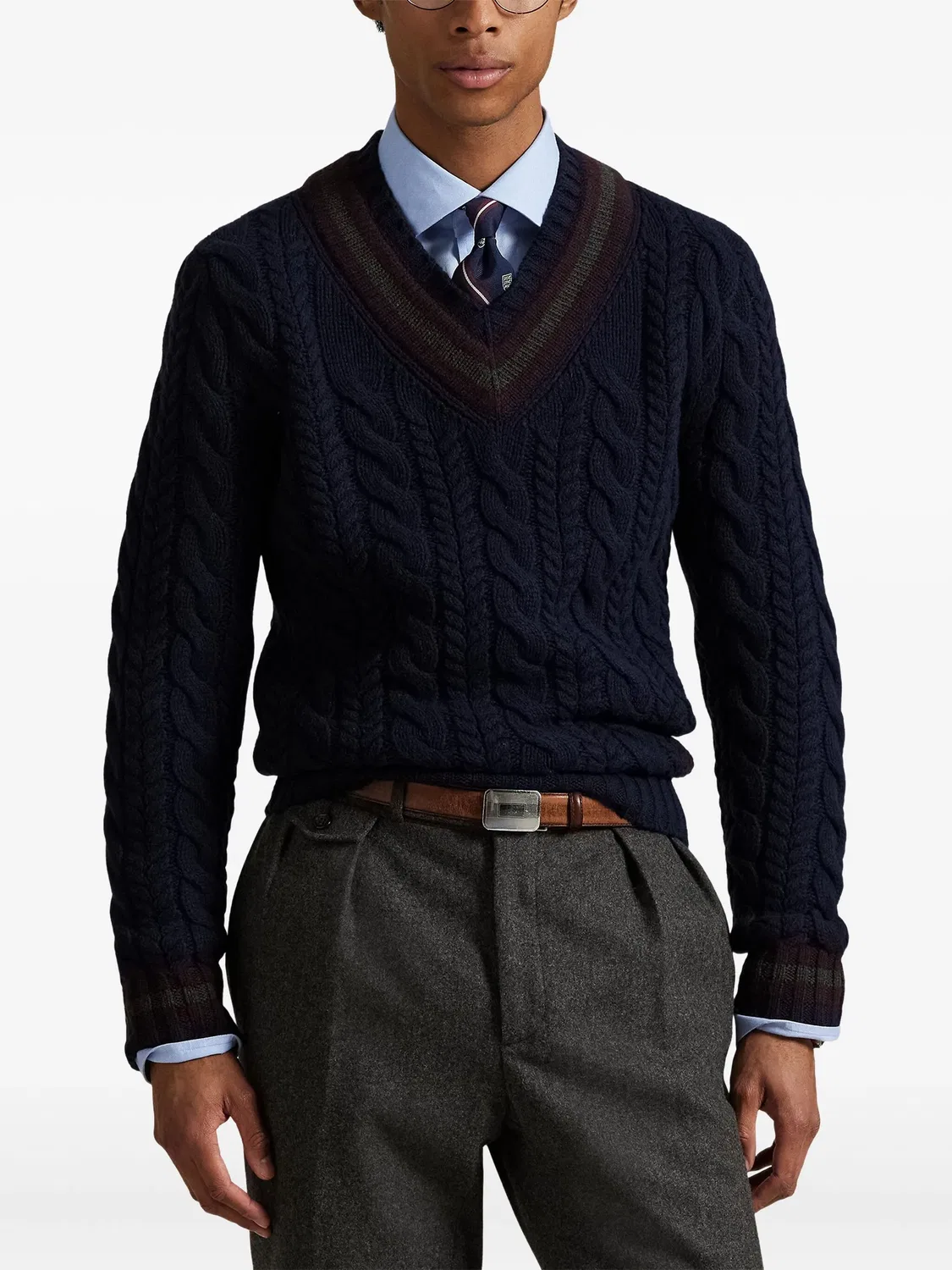 Свитер с V-образным вырезом и косичкой Polo Ralph Lauren, темно-синий — фото 4