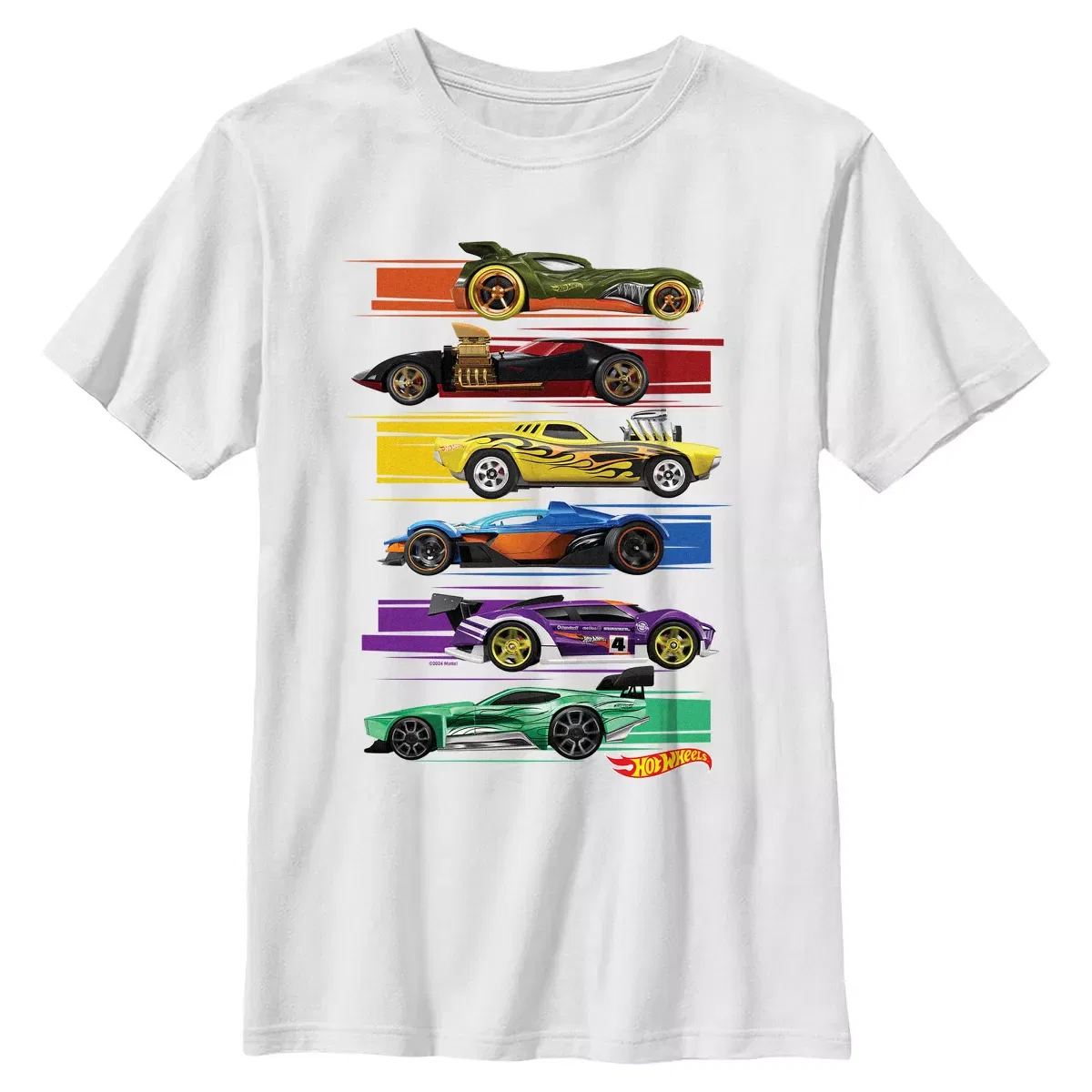 Детская футболка с принтом Colorful Lineup Hot Wheels, Белая