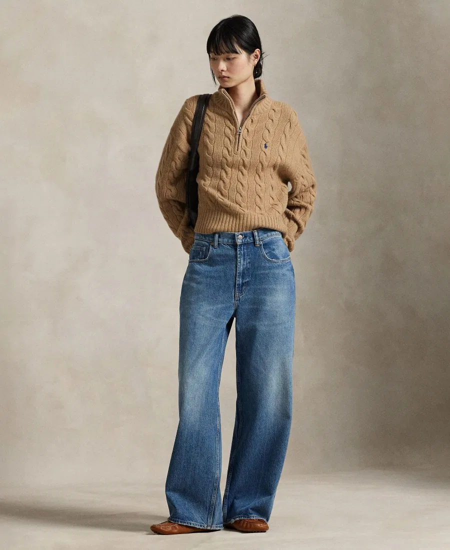 Свитер из кабельной вязки с полузастежкой-молнией Polo Ralph Lauren, Collection Camel Melange — фото 2