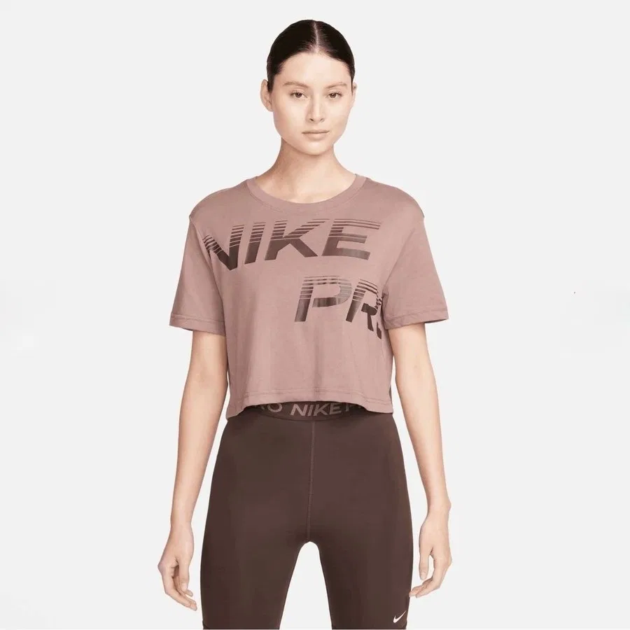 Женская футболка с коротким рукавом и принтом Pro Dri-Fit Graphics Cropped Training Short-Sleeve Nike, Коричневый