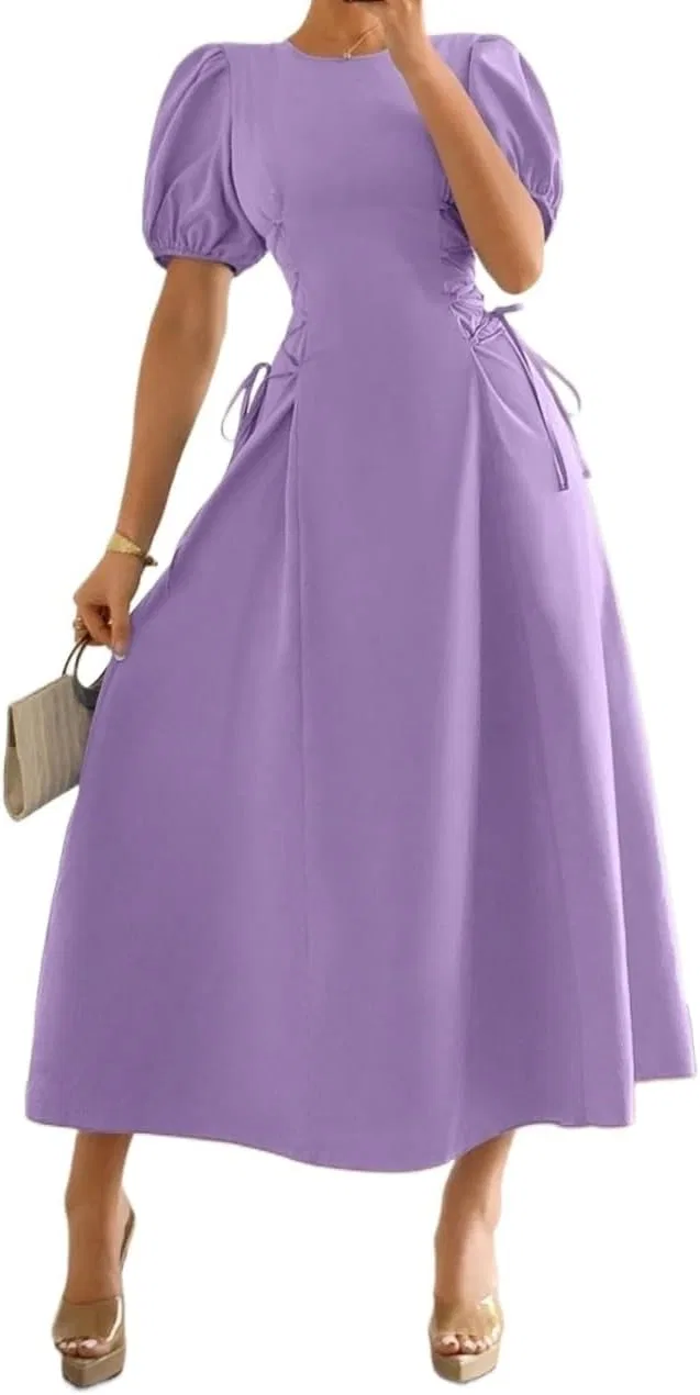 Женское повседневное платье миди A-силуэта с завязками, Mauve Purple