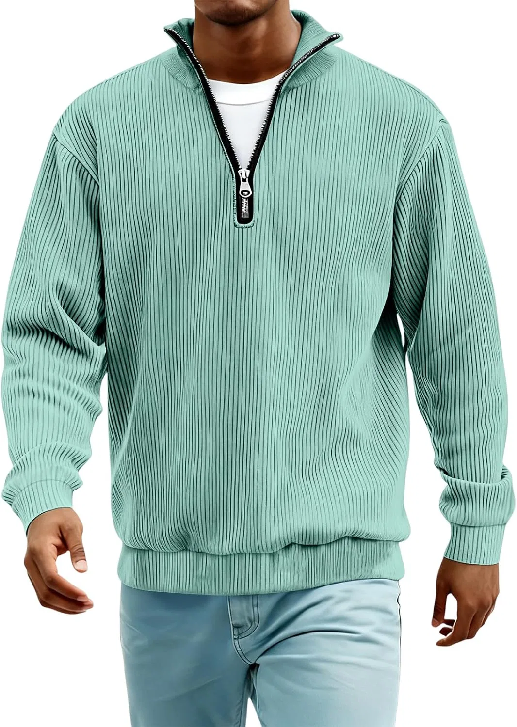 Мужская длинная футболка с воротником-поло Henley Regular Fit, Mint Green — фото 2