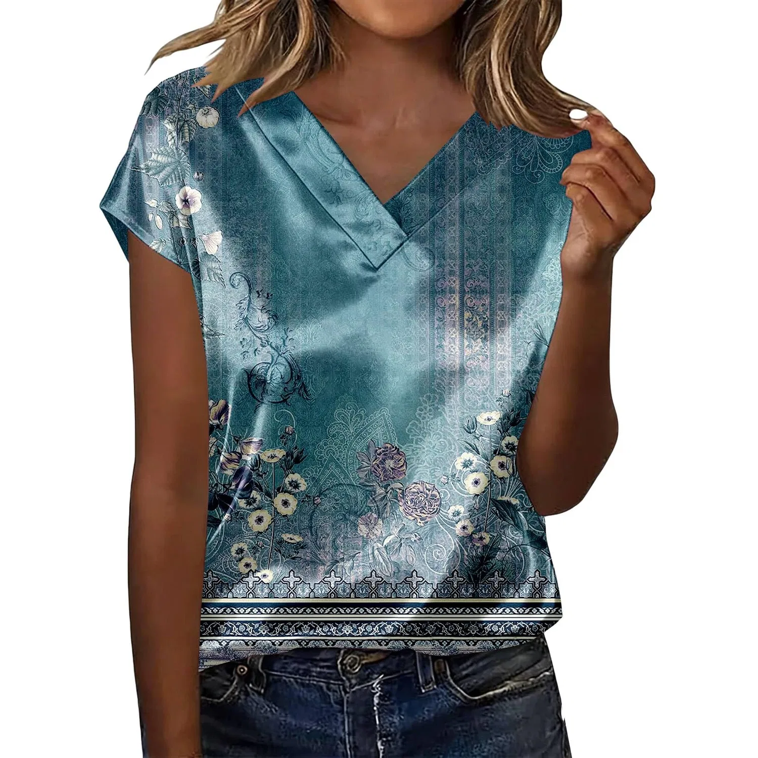 Женская блузка с коротким рукавом из шелкового сатина, Z21-light Blue Satin Blouses for Women