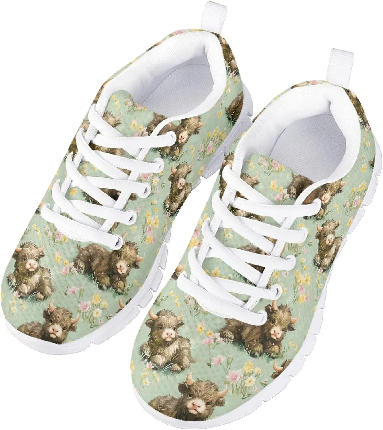 Детские кроссовки для девочек с принтом Fowototi, Green Floral Cute Cow — фото 3