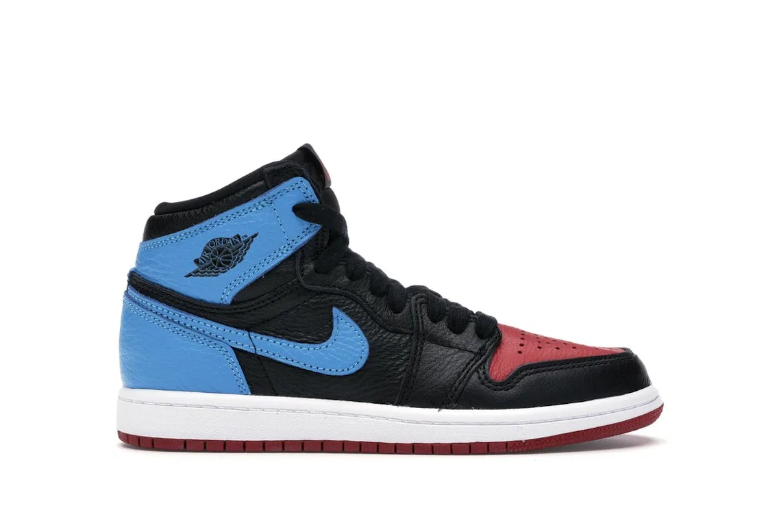 Детские кроссовки Lifestyle с патентованной кожи Jordan 1 Retro High UNC Chicago Leather Jordan, Black/Dark Powder Blue-Gym Red
