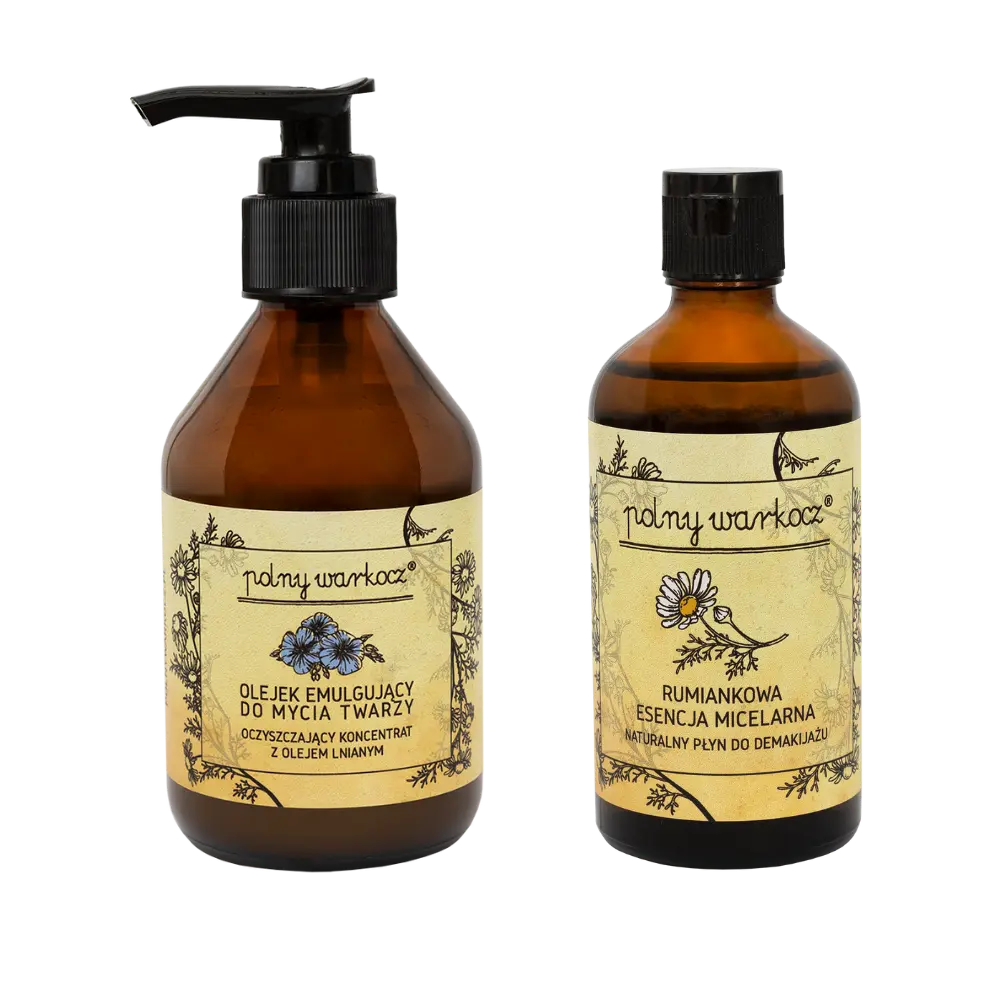

Polny Warkocz набор: масло-эмульгатор для снятия макияжа, 150 мл + натуральная мицеллярная эссенция ромашки, 100 мл