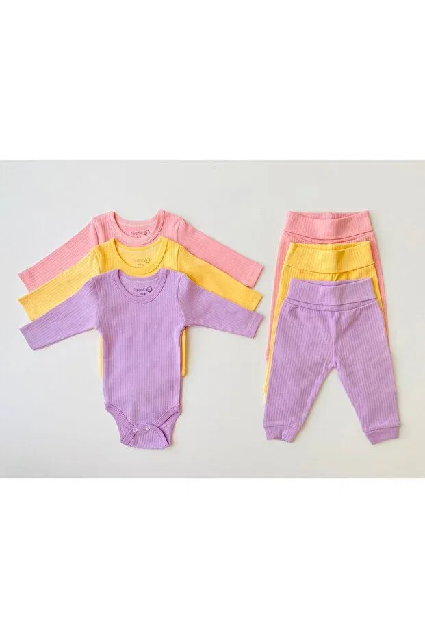Детское боди-комбинезон для девочек хлопковый набор 3 предмета Basics Fiyonk Bebe, Asorti