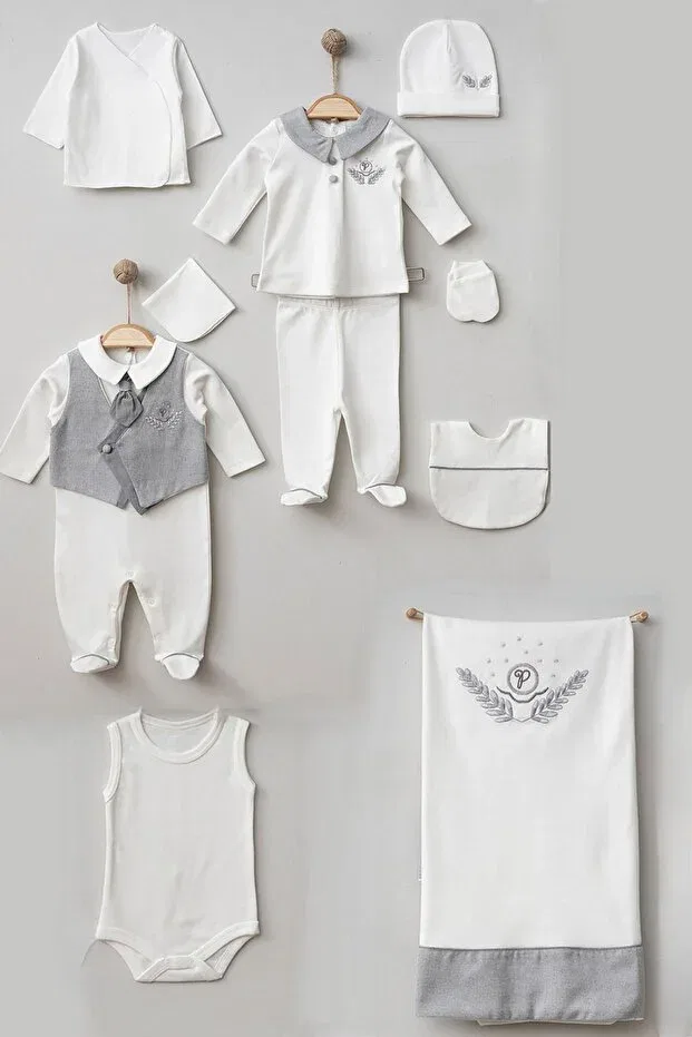 Детский комплект одежды для новорожденных с принтом Pugi Baby Ultralük 10 Piece Hospital Outfit Set With Tie Cherub Baby, Gray