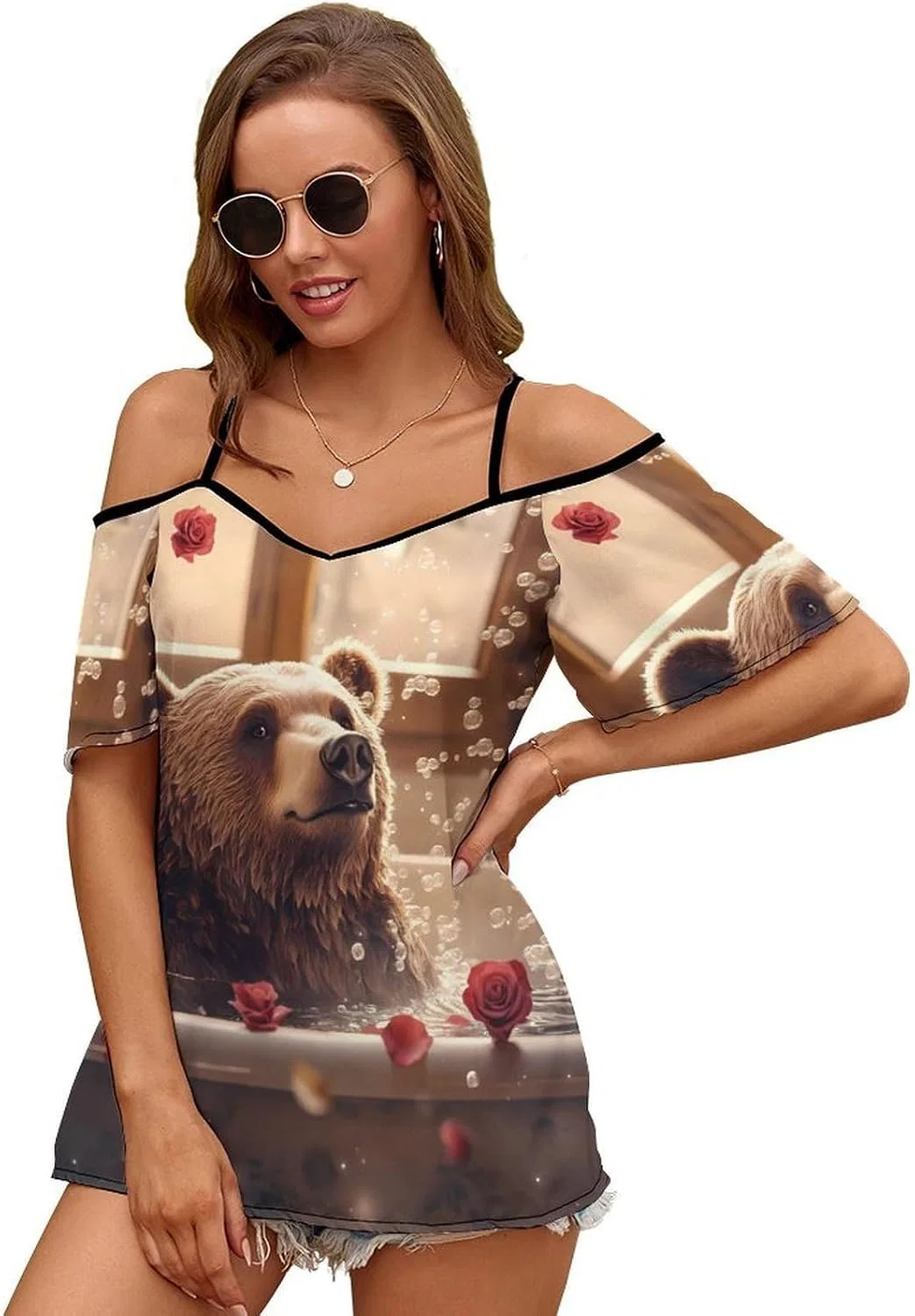 Женское платье-футболка с принтом Funny Bear Cold Shoulder Tops, Style