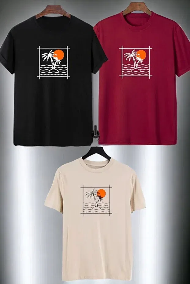 Детская футболка для мальчиков с принтом 3 Piece Palm Tree And Sun Detailed Han Elegant, Beige Burgundy Black