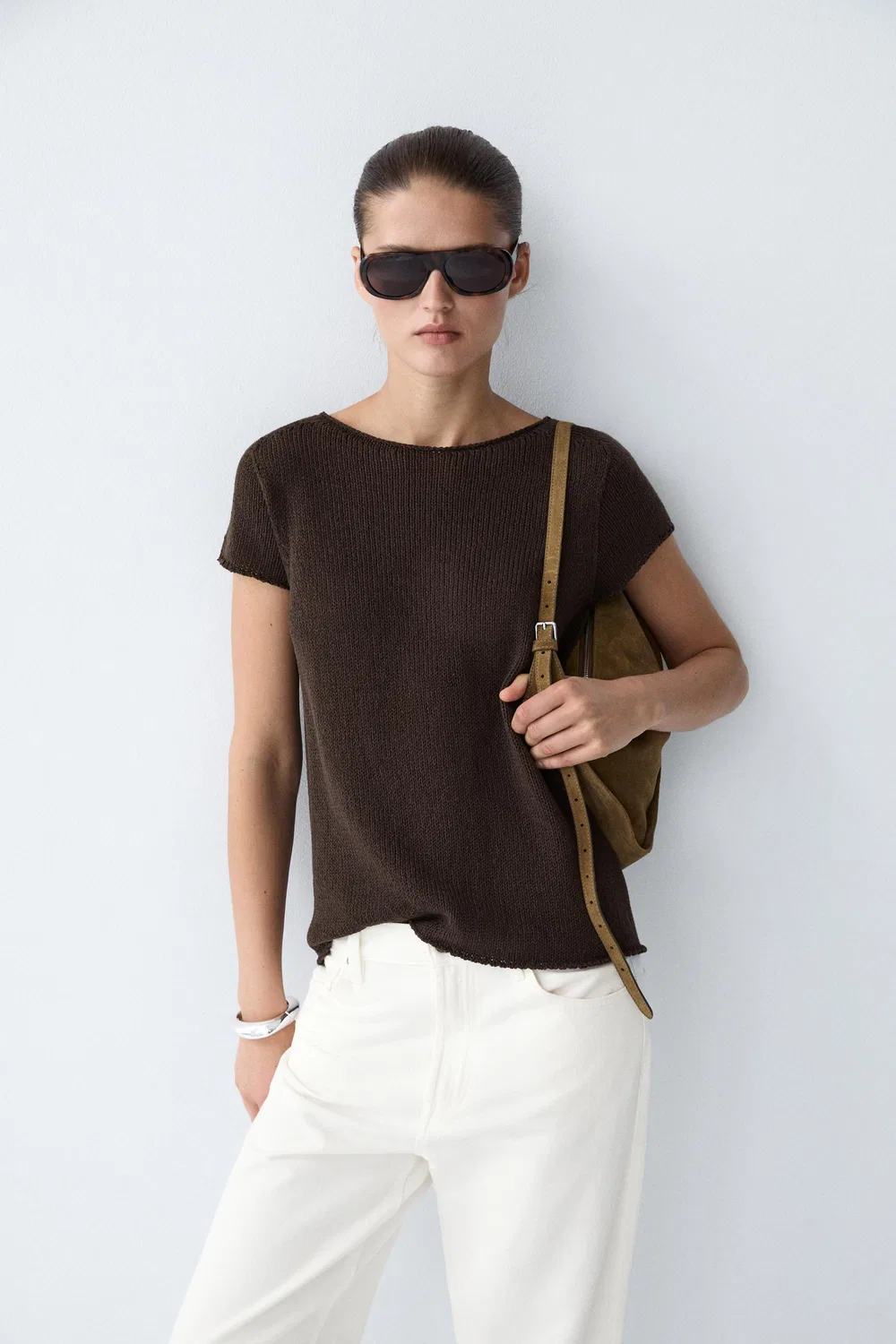 Свитер Massimo Dutti Cotton Blend Short Sleeve Knit, шоколадный