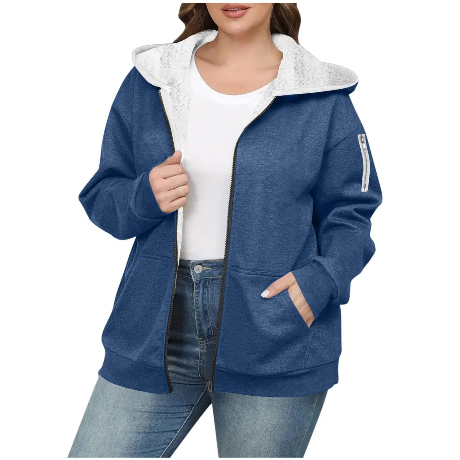 Женское зимнее пальто с флисовой подкладкой и молнией, оверсайз, Sherpa Lined, 01 blu marino