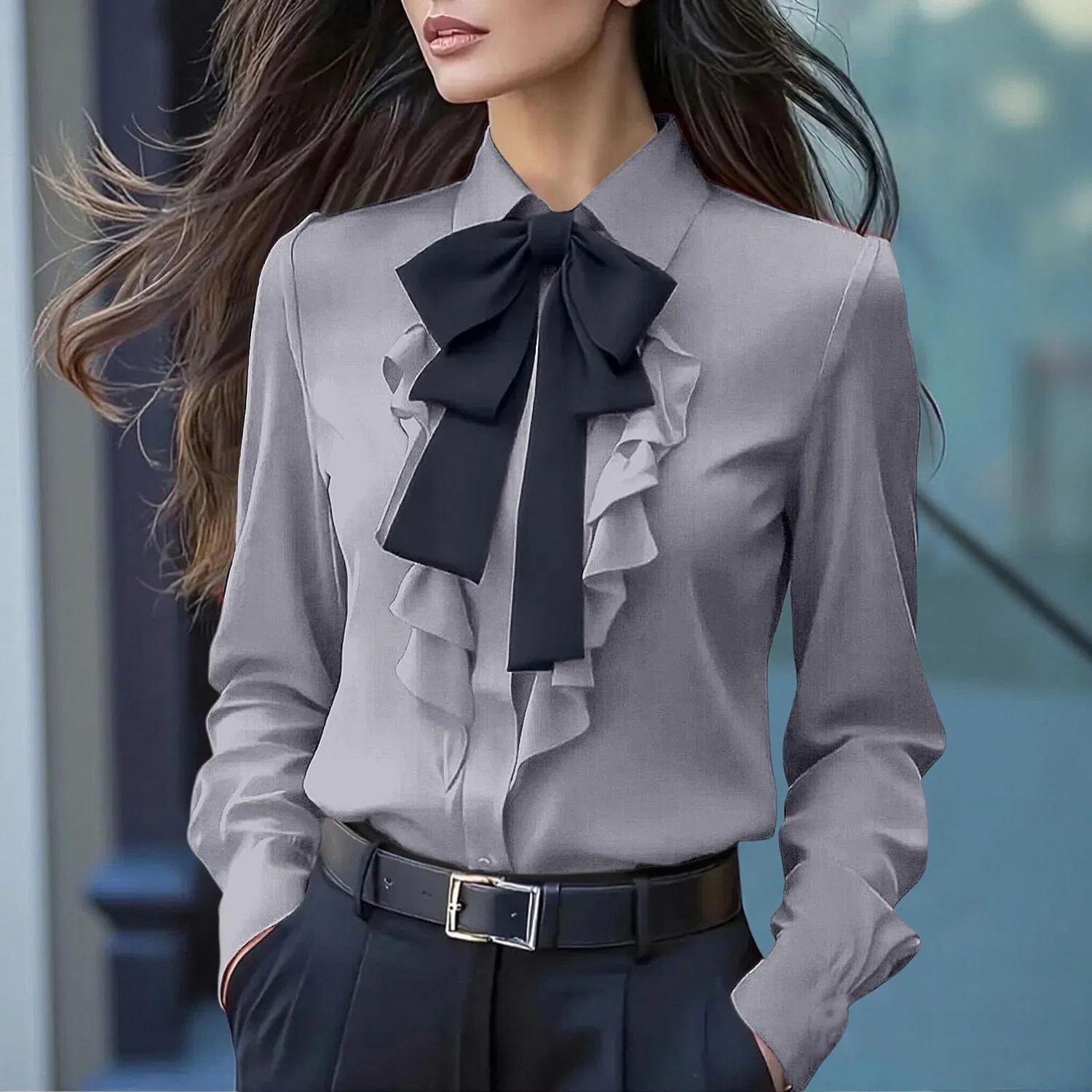 Женская блузка с длинным рукавом с бантом Elegant Work Shirt, Satin 04-grey — фото 2