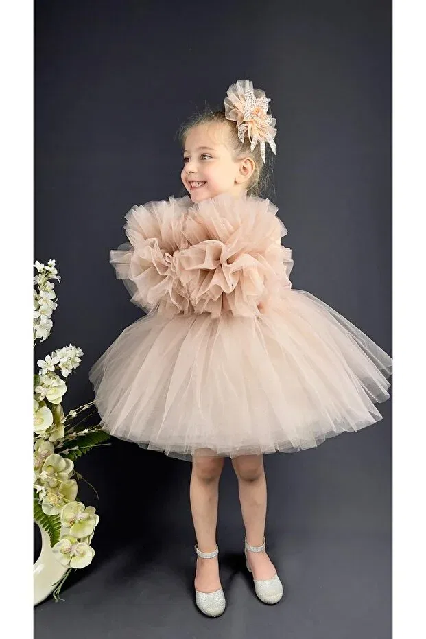 Детское платье для девочек с пайетками Chiffon Gown Pompom Sleeve Sequin Mnk Baby&Kids, Powder — фото 2