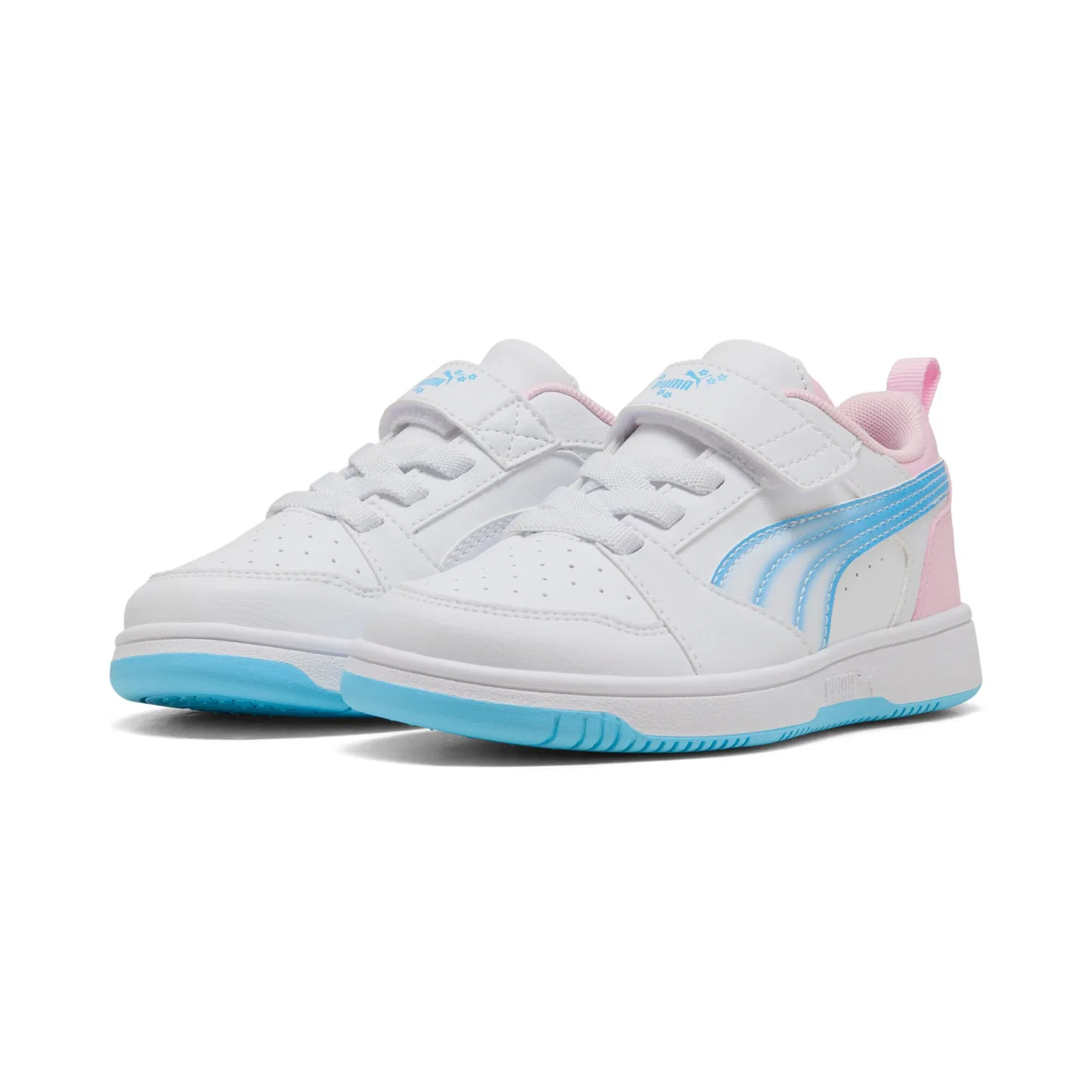 Детские кроссовки с легкопрофилированной подошвой PUMA REBOUND V6 LO JELLY HEAVEN AC PS, White/Vibrant Blue/Pink Shimmer