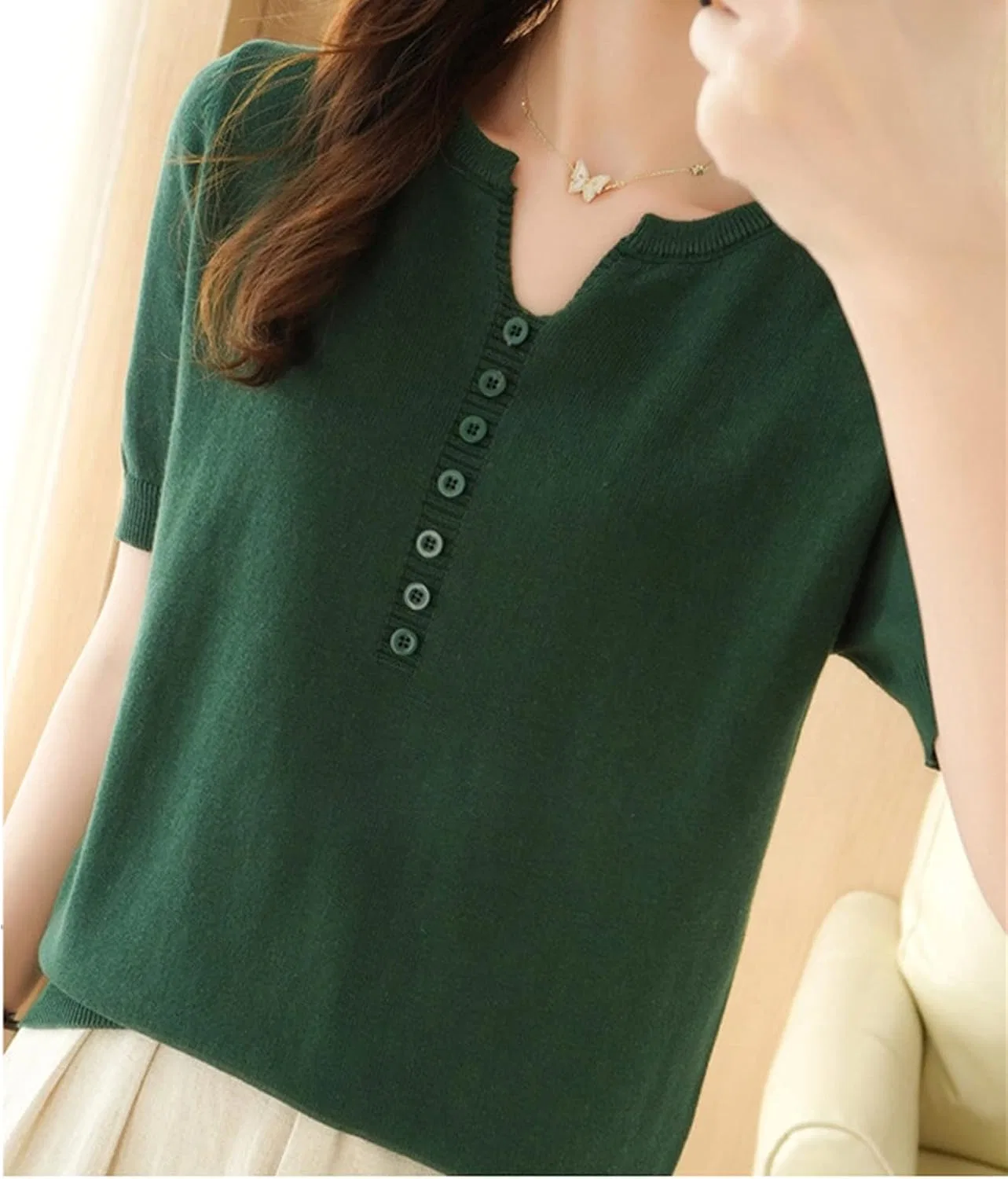 Женская футболка с V-образным вырезом в рубчик Henley, Green — фото 3