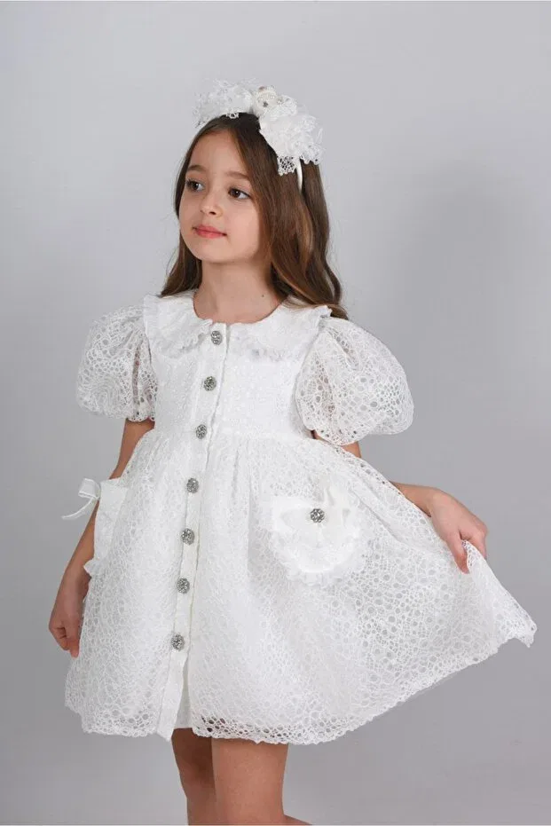 Детское платье для девочек с вышивкой Special design Mialora Exclusive By Emel Ebru Özdemir, White — фото 4