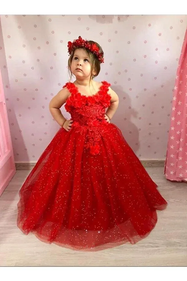 Детское платье для девочек с кристальной тюлью Crowned Red Rose Girls' Evening Dress Mashotrend, Красное