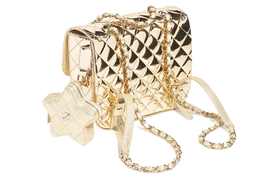 CHANEL Женский рюкзак-кошелёк из металлизированной телячьей кожи с зеркальным покрытием золотистого цвета — фото 4