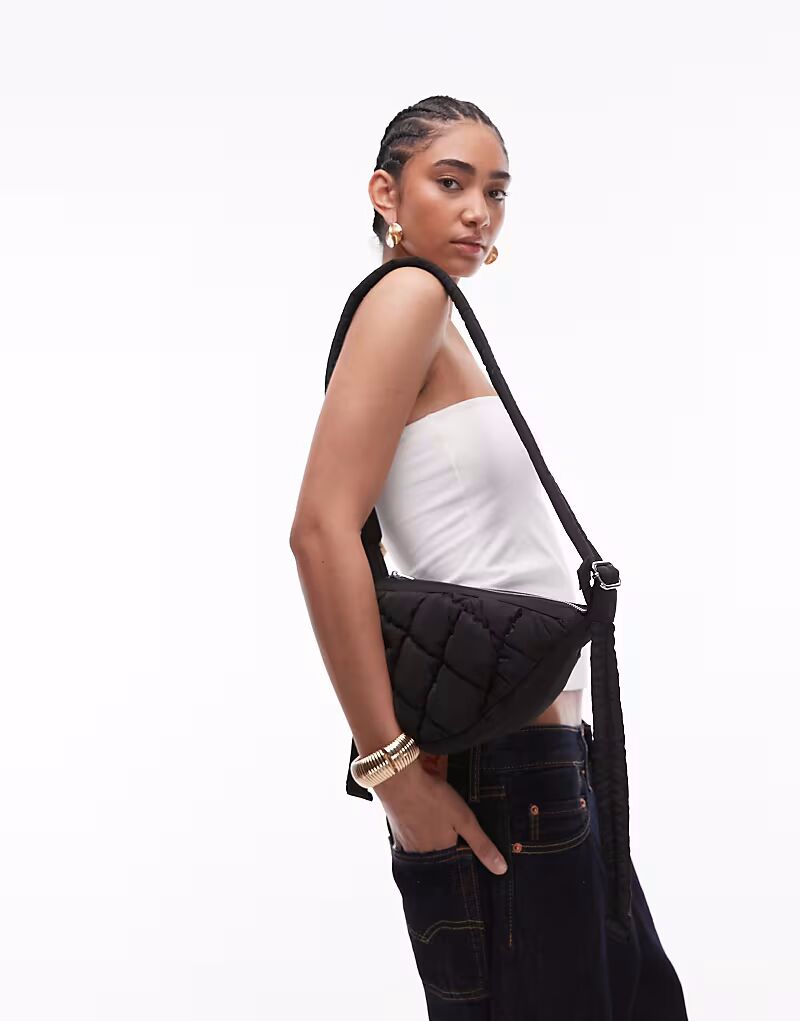 

Сумка через плечо из стеганого нейлона Topshop Callie scoop черного цвета