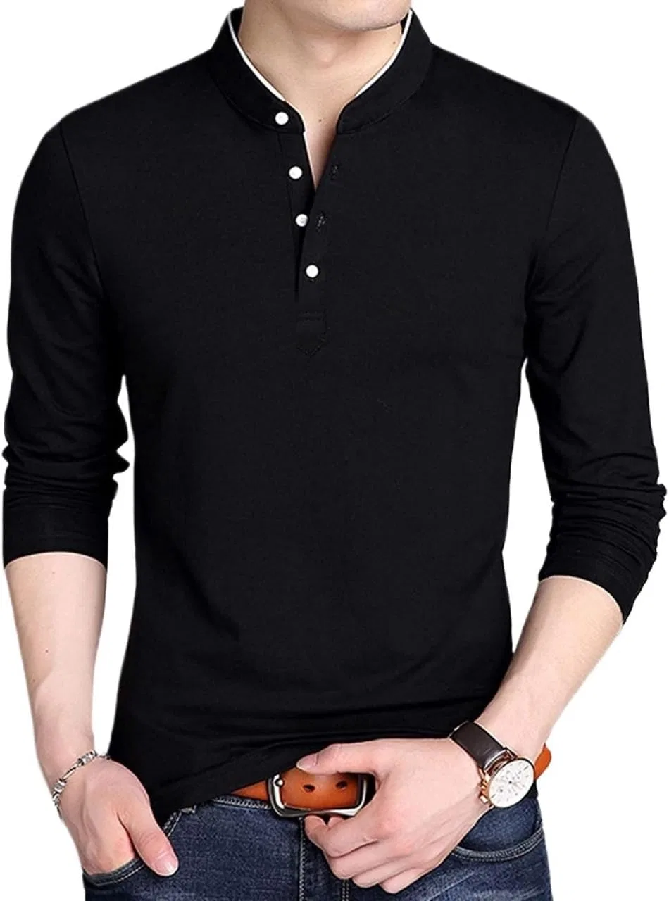 Мужская футболка с воротником-стойкой на пуговицах, Regular Fit, Black