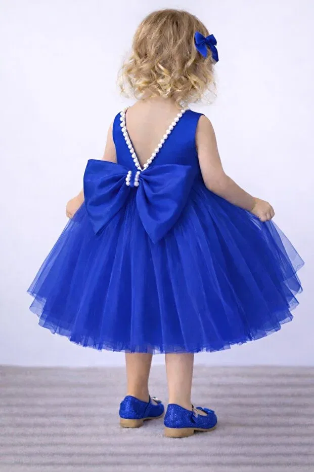 Детское платье для девочек сатиновое с жемчугом Suneh, Saks Blue — фото 2