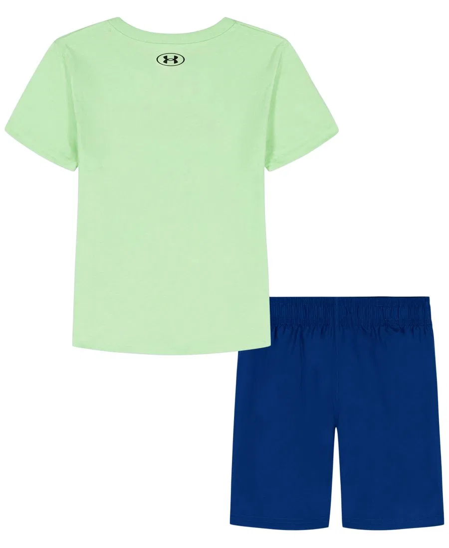 Комплект детской футболки и шорт с принтом, модель Short-Sleeve T-Shirt and Shorts Under Armour, Lumos Lime Navy Blue — фото 4
