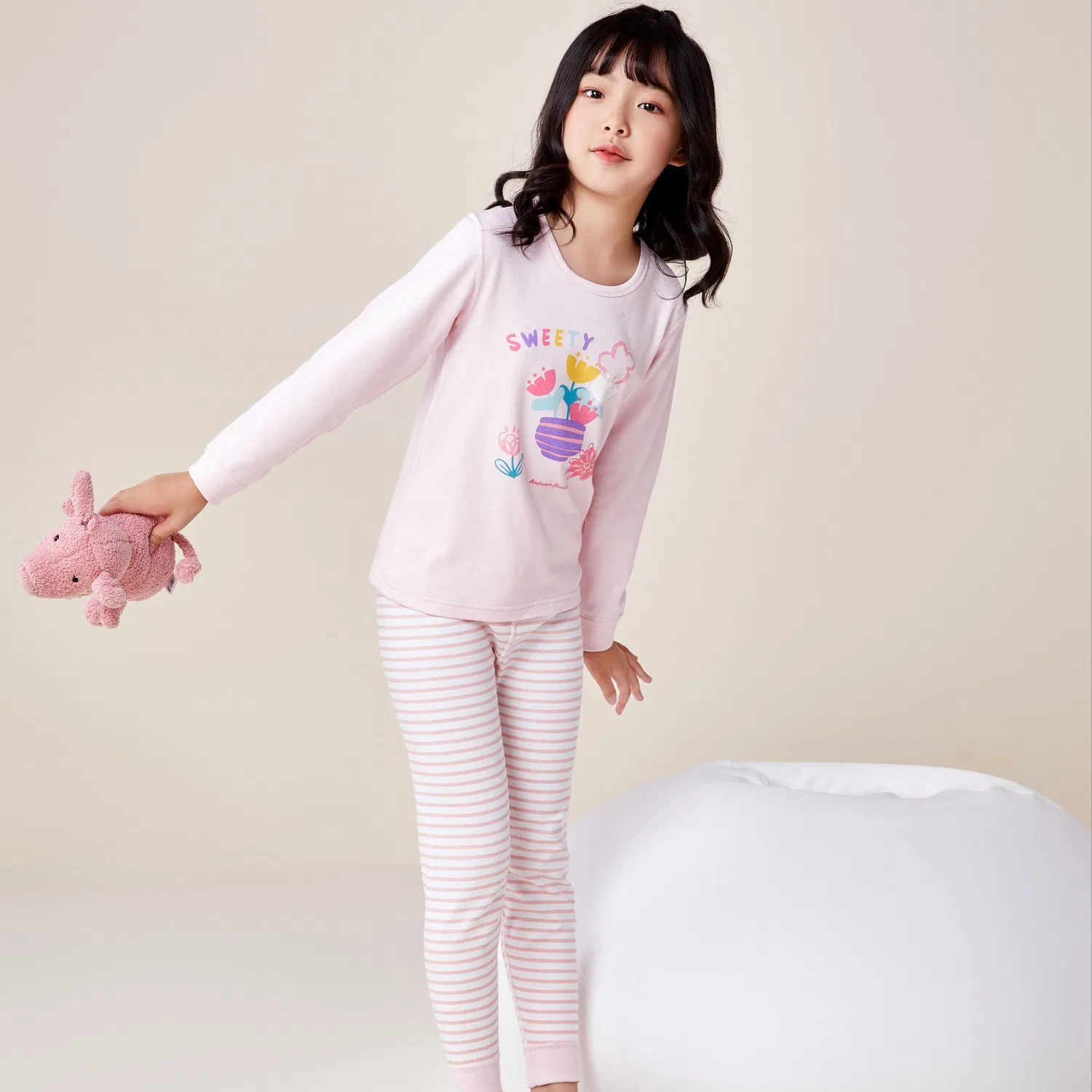 Детский комплект нижнего белья с принтом Letter Floral Long Sleeve Striped Trousers Red bean, 盈盈 — фото 4