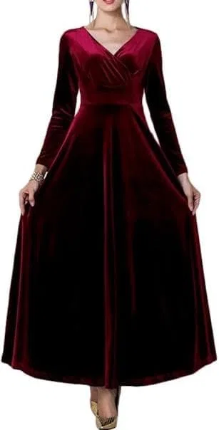 Женское вечернее платье из велюра V-образным вырезом, Long Sleeve, Elegant Sweep, Lyons Blue — фото 2
