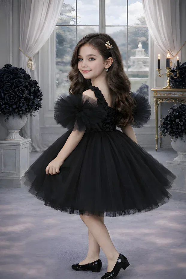 Детское платье для девочек с пайетками Pompom sleeves rose patterned tulle party and birthday dress Rumi Kids, Black — фото 3