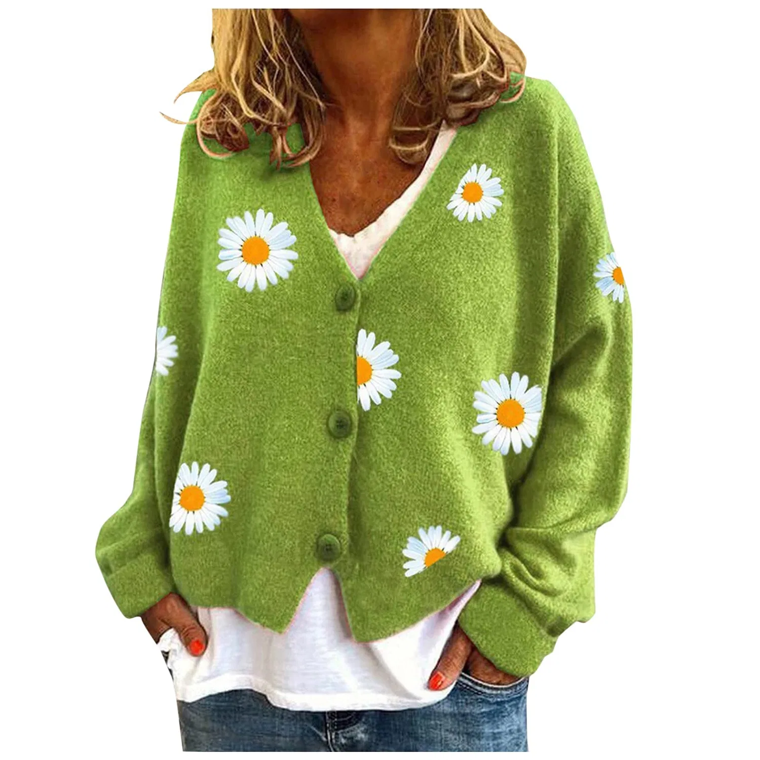 Женский утепленный жилет с принтом Sweater Buttons Long Sleeve V-Neck Ribbed Sweater Casual Sweater Warm Velvet Coat, Green-a