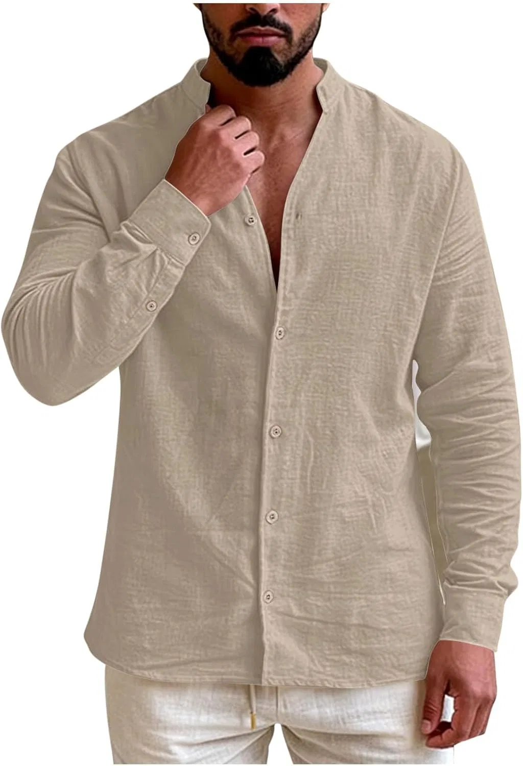 Мужская повседневная рубашка с воротником-стойкой из хлопка и льна Generic, Khaki — фото 4