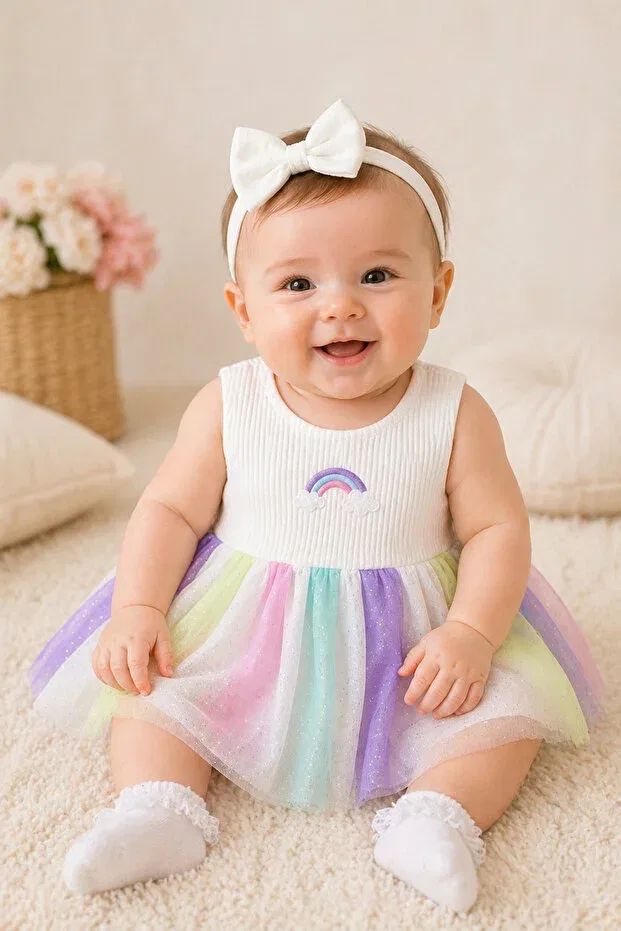 Детское платье для девочек хлопковое Rainbow tulle summer baby girl dress Bebekyol, White
