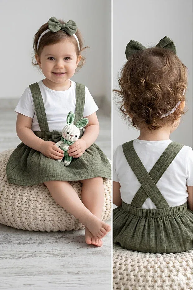 Детский комплект платьев-салопетов из муслина с банданой Elegant Furyatex, Green
