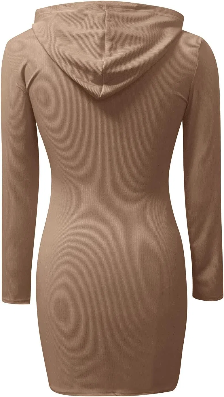 Женское облегающее платье-свитер с капюшоном Rib Knit, Brown — фото 2