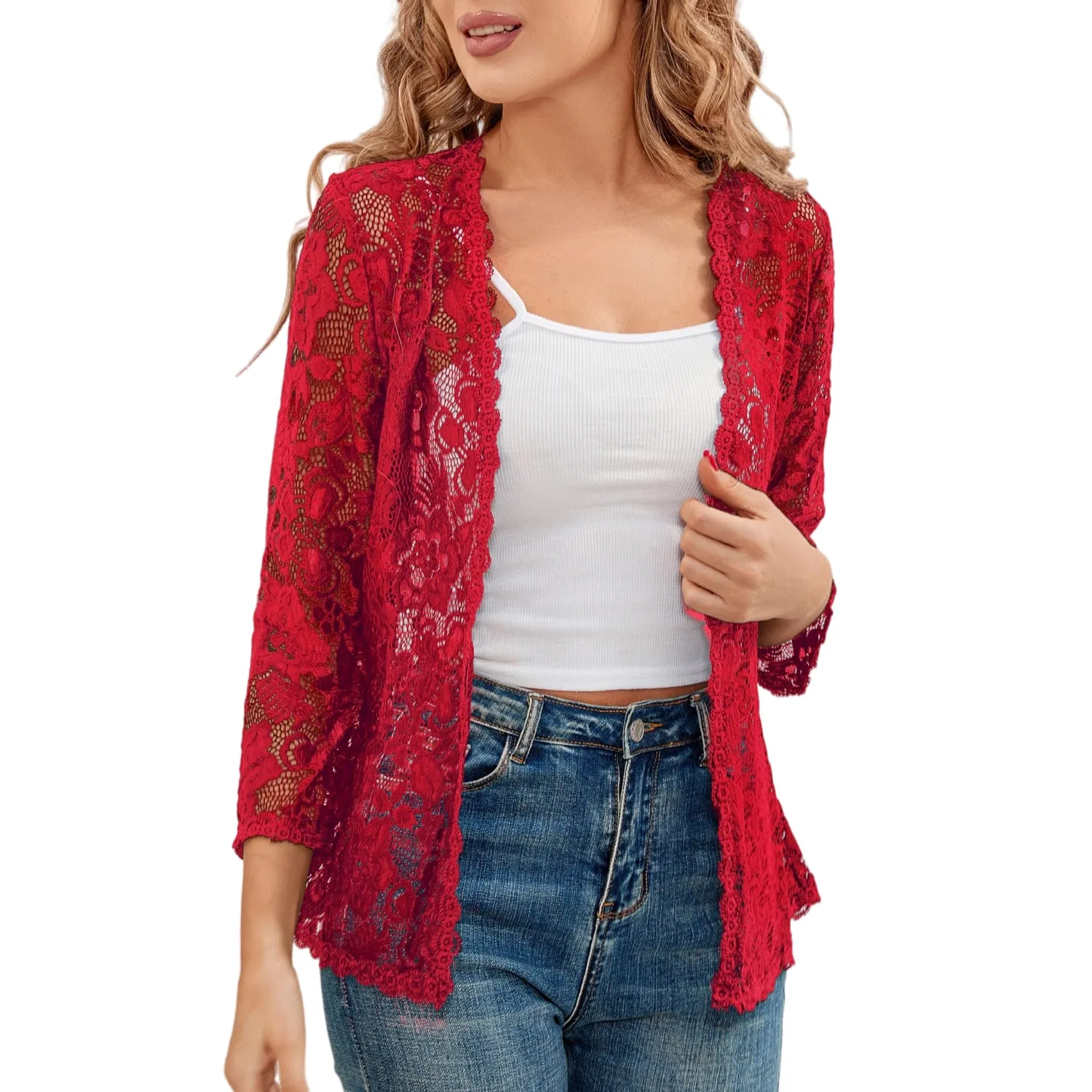 Женский кардиган с цветочным кружевом, с рукавом 3/4, Red