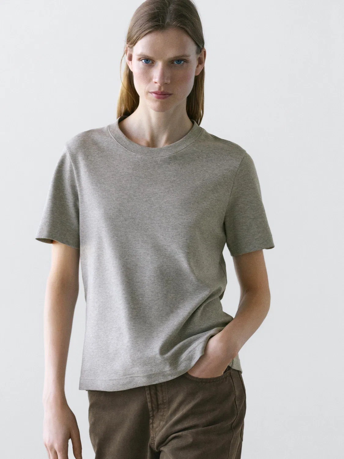 Футболка с круглым вырезом из 100% хлопка интерлок Massimo Dutti, серый — фото 2