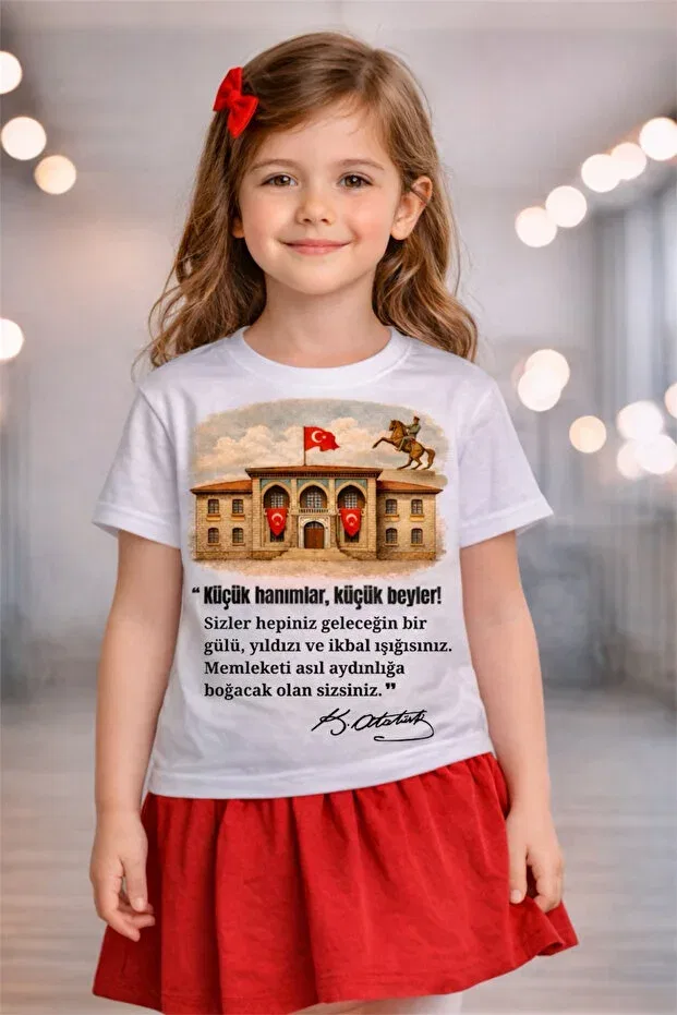 Детская футболка с принтом 23 April TBMM and Ataturk Signature B Printed T-Shirt Dvoyage, White — фото 2